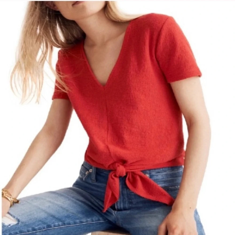 J Crew size Small Red Textured V Neck Knit Top Tie Waist Tee Casual Stretchy